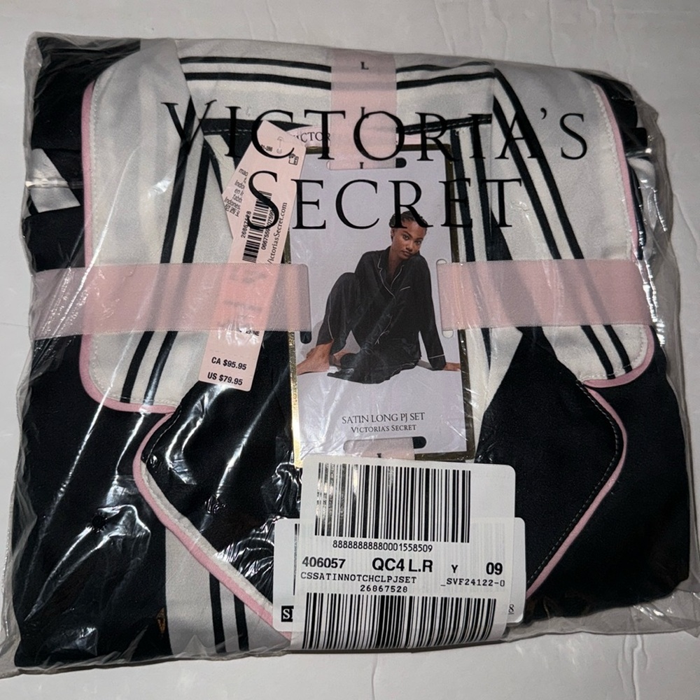 New Victoria's Secret Satin Long Pajama Set Black and White Striped Size L